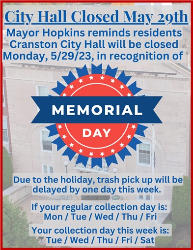 City Hall Closed for Memorial Day, Monday 5/29/2023